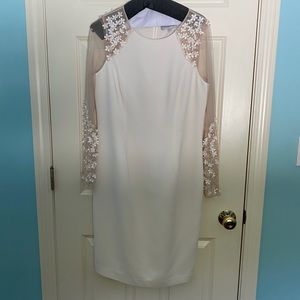 White and Tan Formal Dress with Flower Appliqués